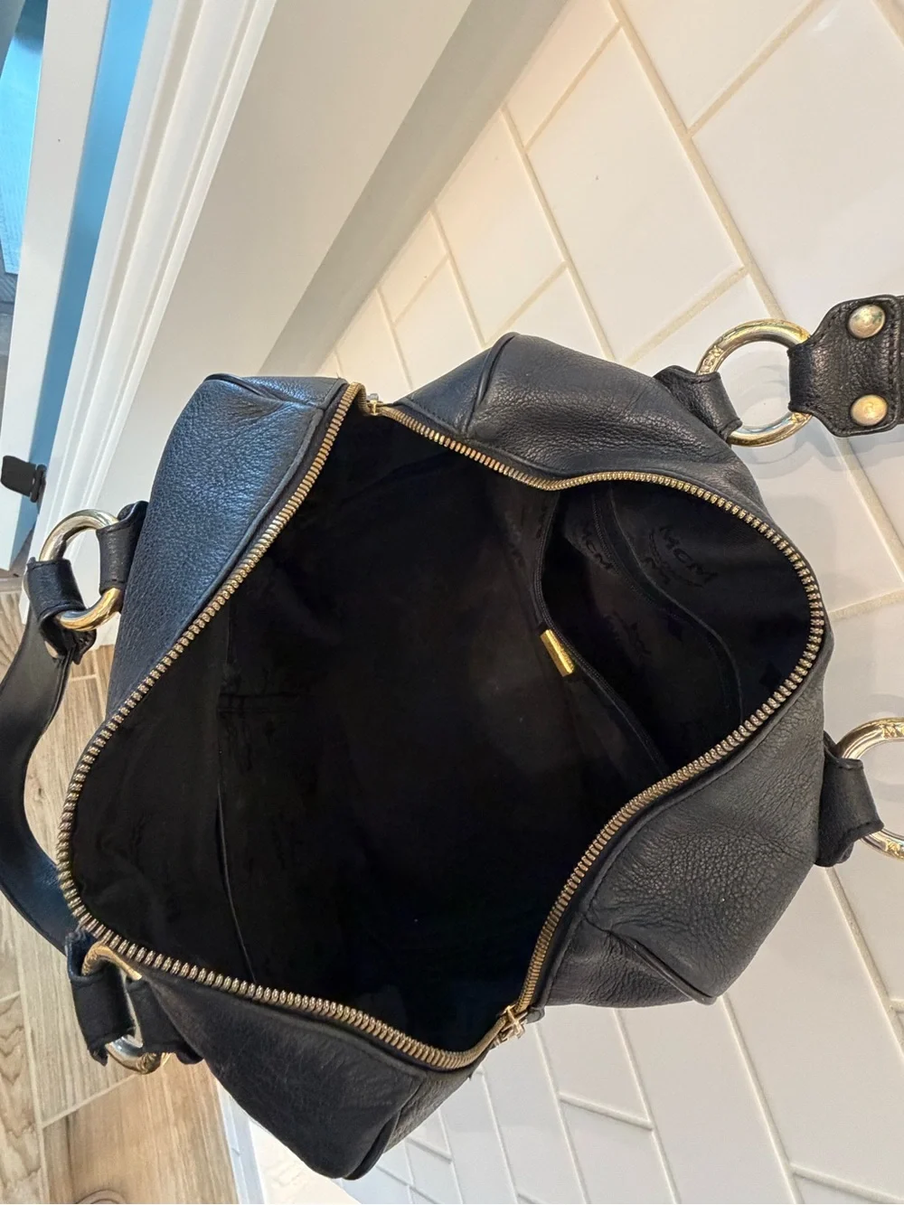 MCM Black Leather Satchel with Gold Plaque and Hardware - Picture 6 of 7